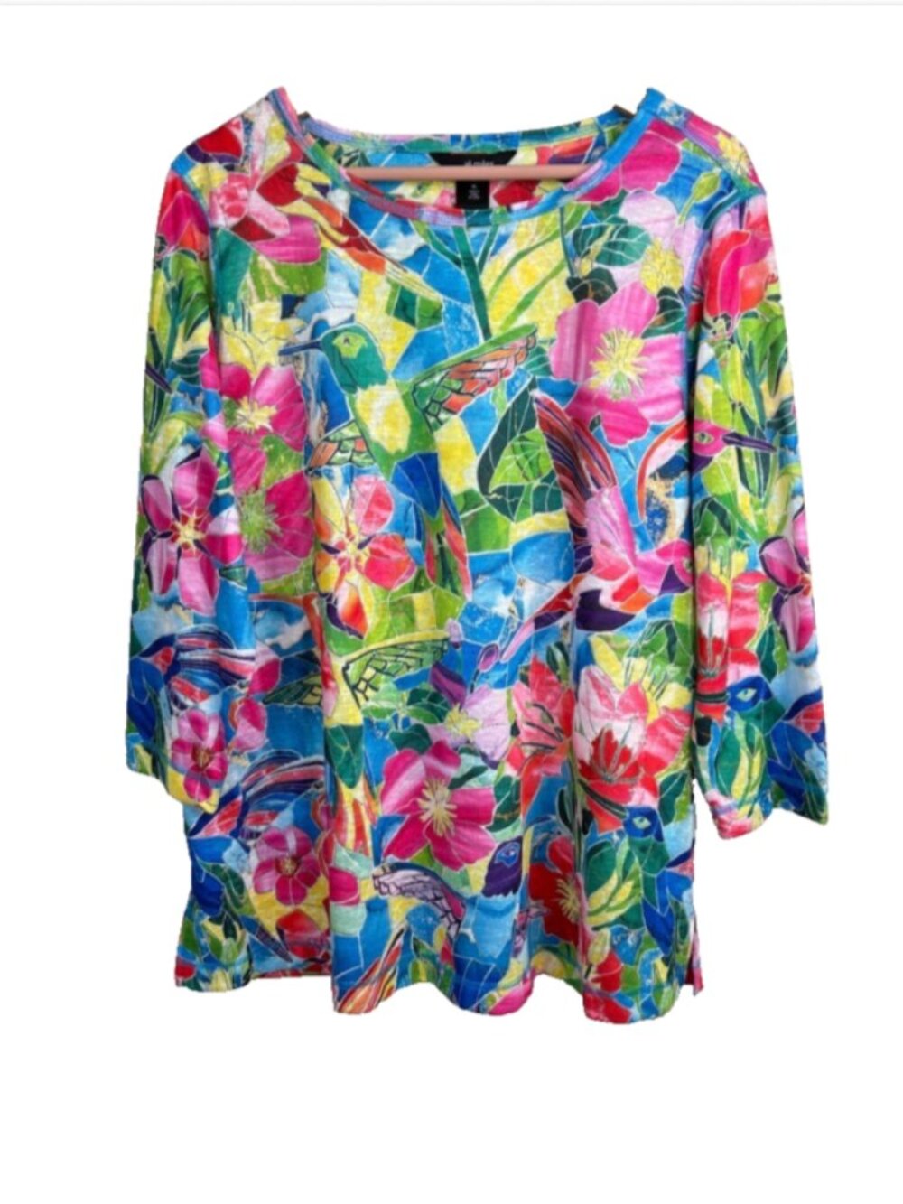 Ali Miles Floral Tunic Blouse XL Hummingbird Artsy Lagenlook Rainbow Multicolor